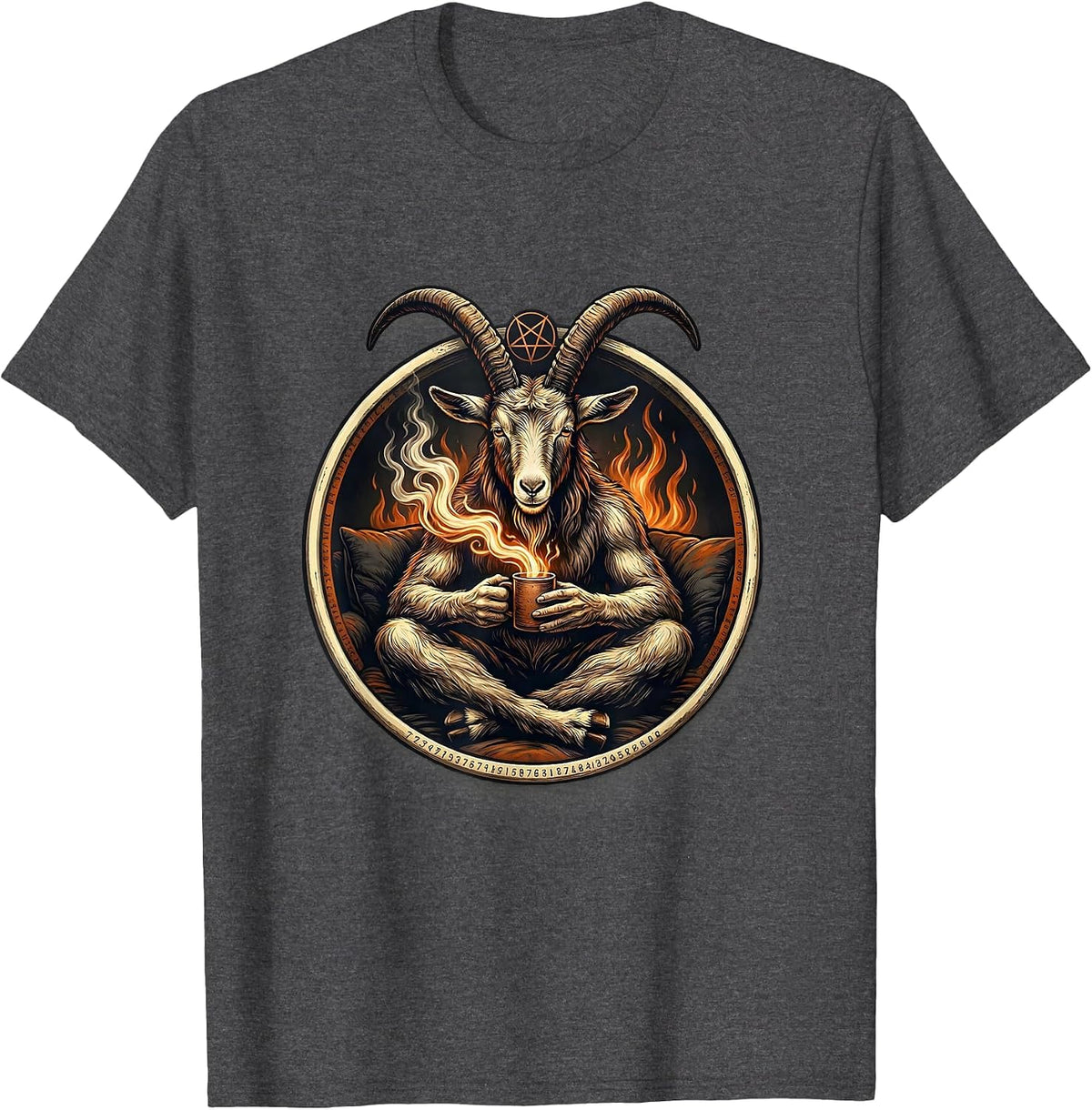 Men's Seated Baphomet Badge Occult Satanic Goat Head T-Shirt - Dark Heather Grey