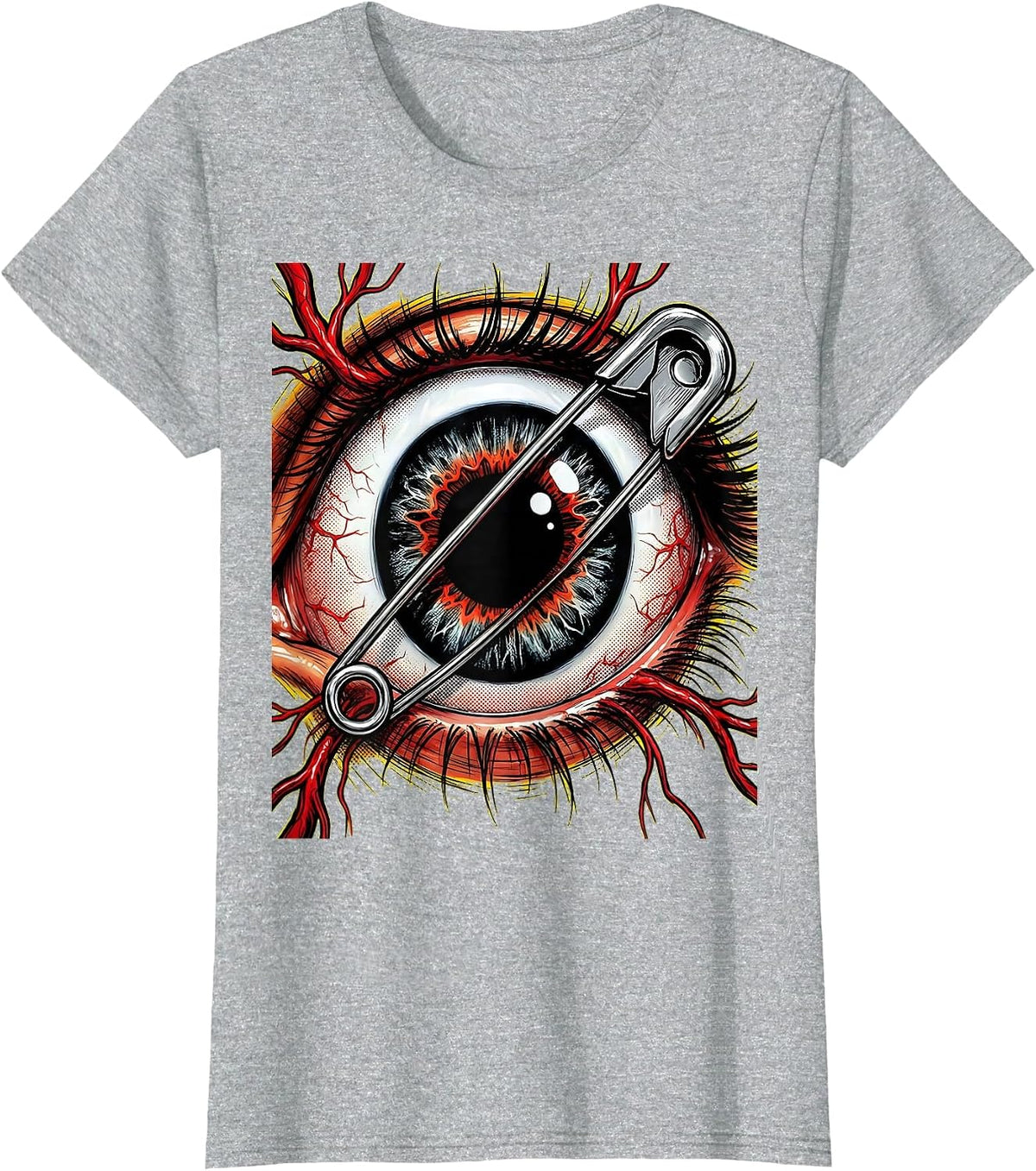 Women's Punk Eyeball Safety Pin Graphic Design T-Shirt - Heather Grey