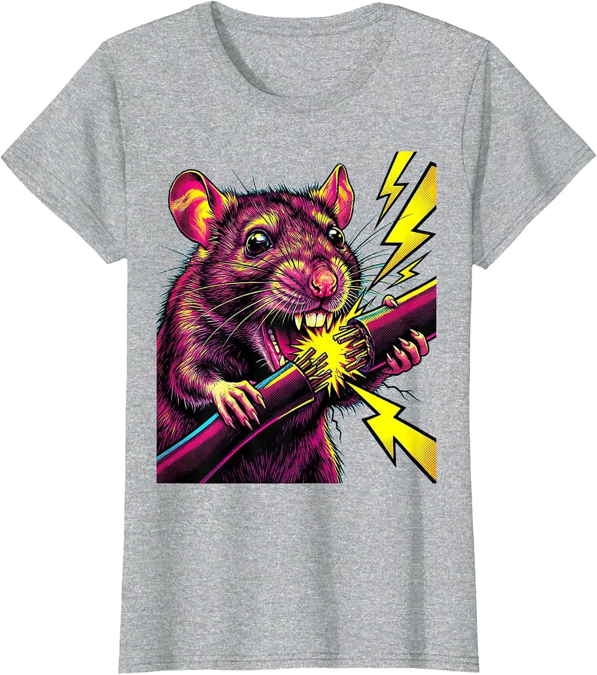 Rat Gnawing Power Cable Sparking Graphic T-Shirt - Heather Grey