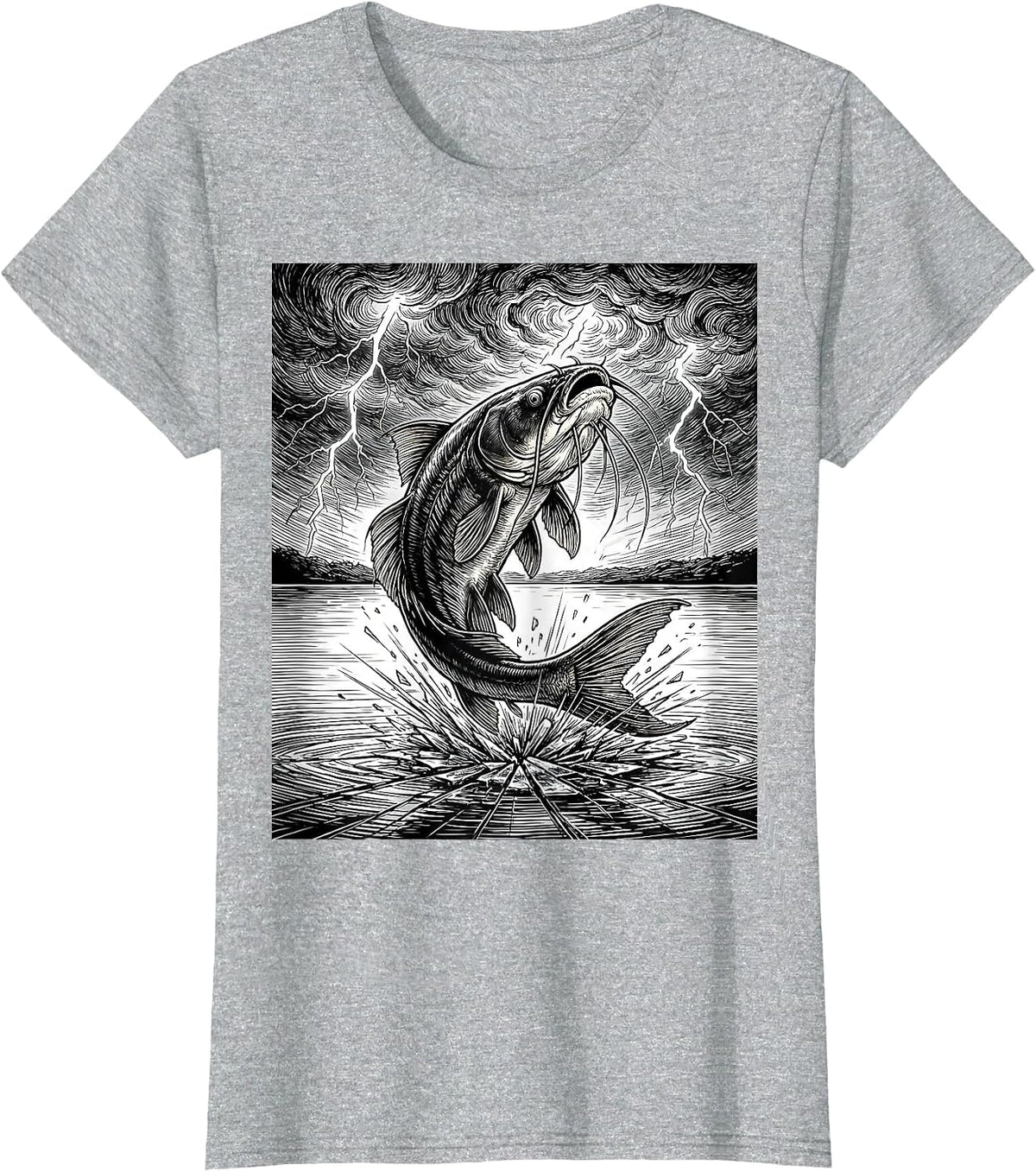 Women's Catfish Leaping From Lake Into Storm Graphic T-Shirt - Heather Grey