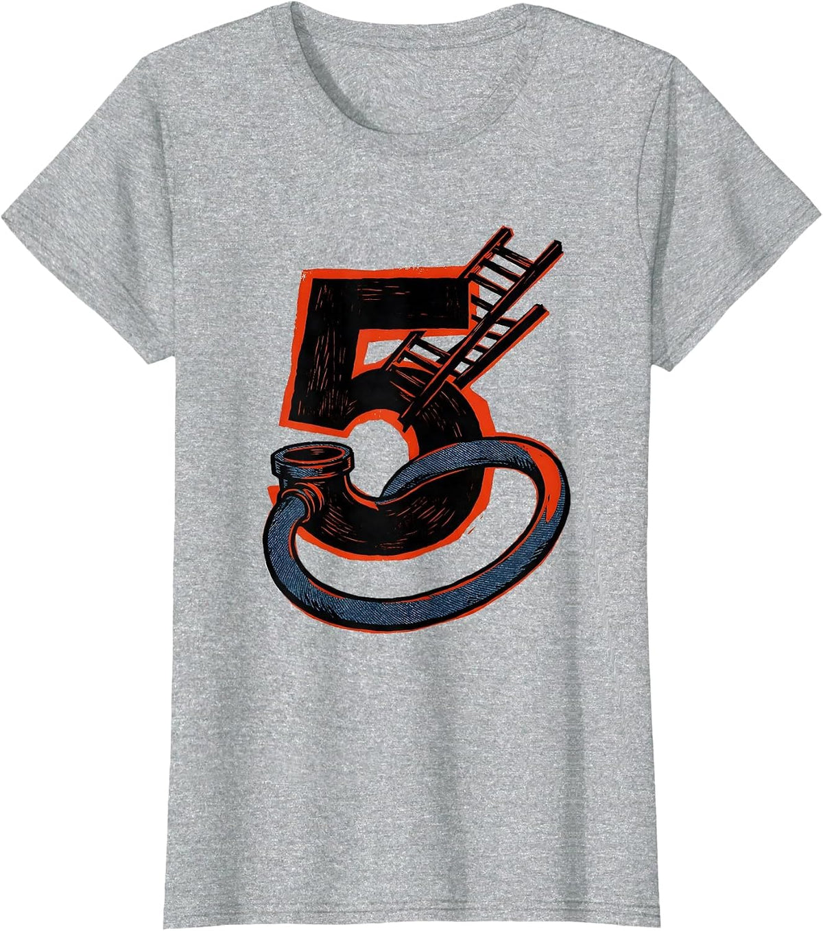 Five Fire Truck Linocut Toddler Firefighter Birthday T-Shirt - Heather Grey