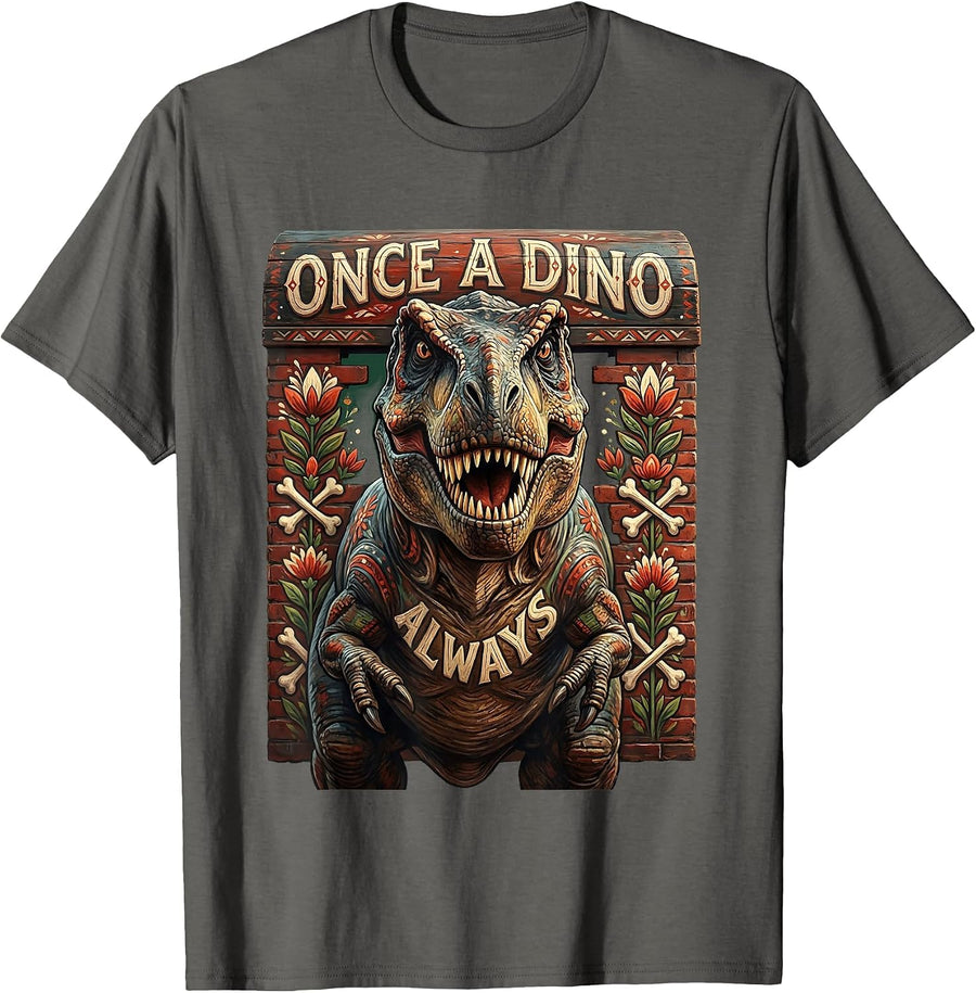 Once a Dino Always Dinosaur Lover Design T-Shirt - Asphalt Grey