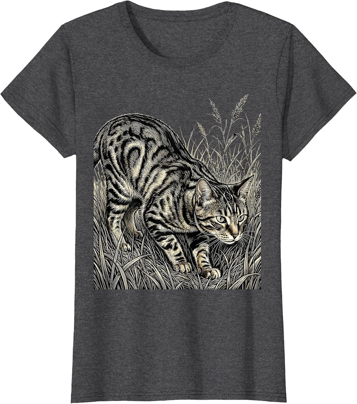 Women's Bengal Cat Stalking Through Tall Grass Illustration T-Shirt - Dark Heather Grey