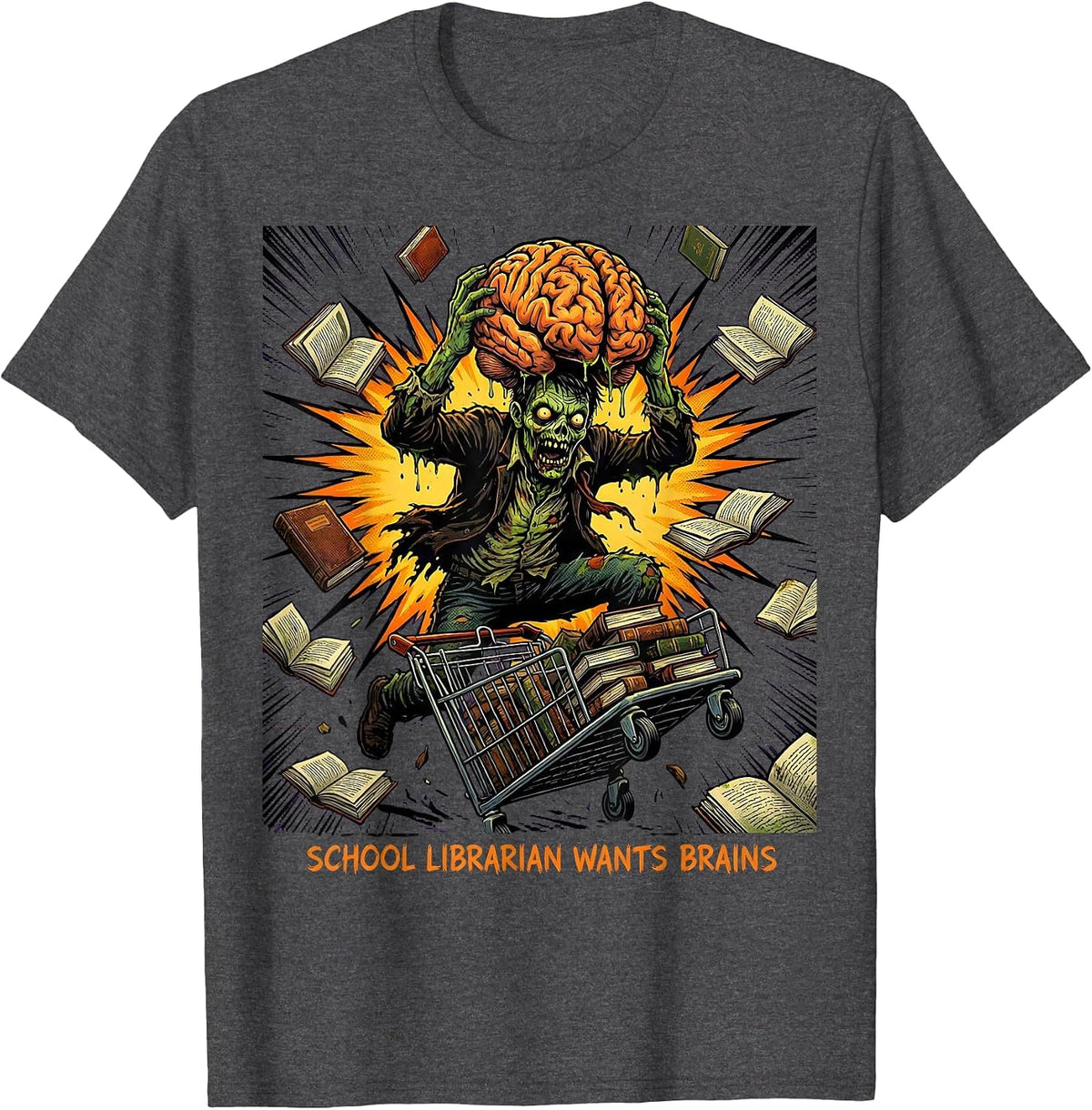 Men's School Librarian Wants Brains Comic Book Zombie Teacher T-Shirt - Dark Heather Grey