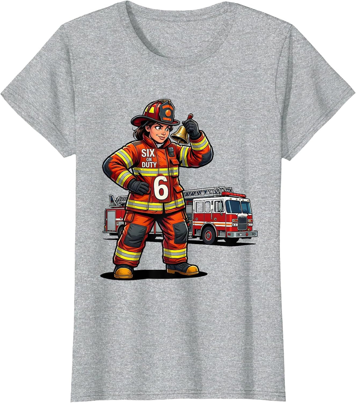 Women's Six On Duty Cartoon Firefighter Girl Fire Truck Birthday T-Shirt - Heather Grey