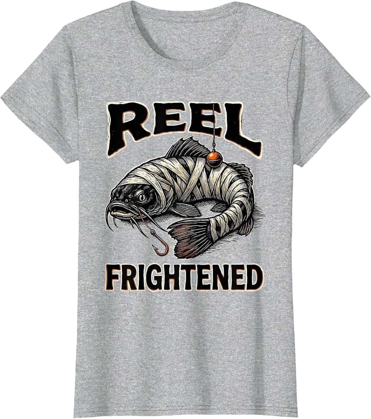 Women's Reel Frightened Linocut Halloween Skeleton Fishing Humor T-Shirt - Heather Grey