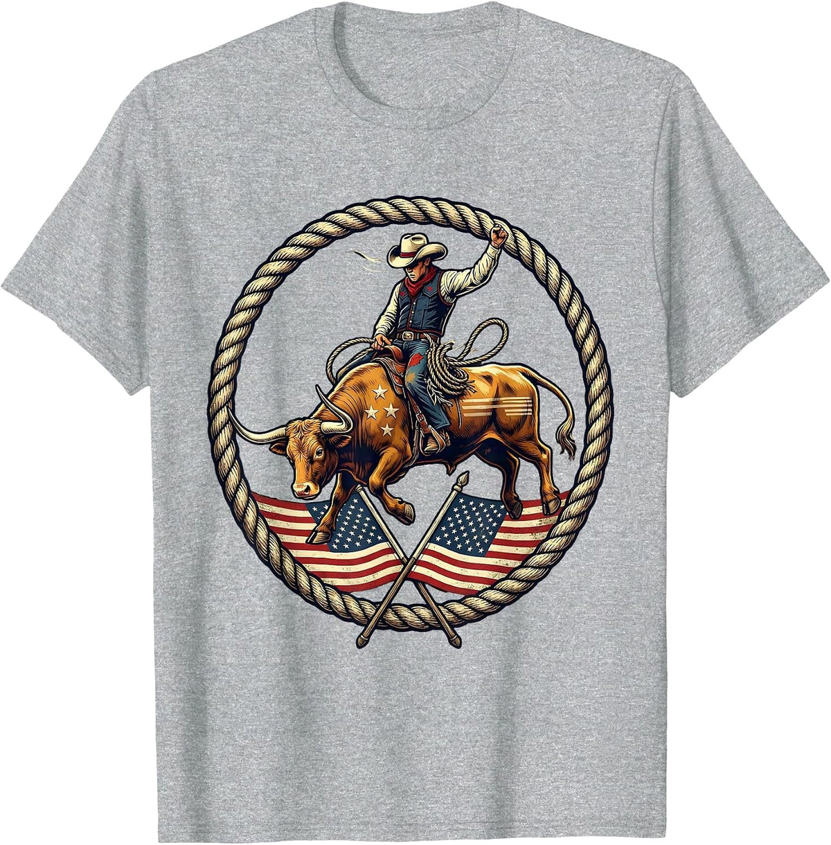 Men's Bull Rider Gripping Rope Mid-Buck Western Graphic T-Shirt - Heather Grey