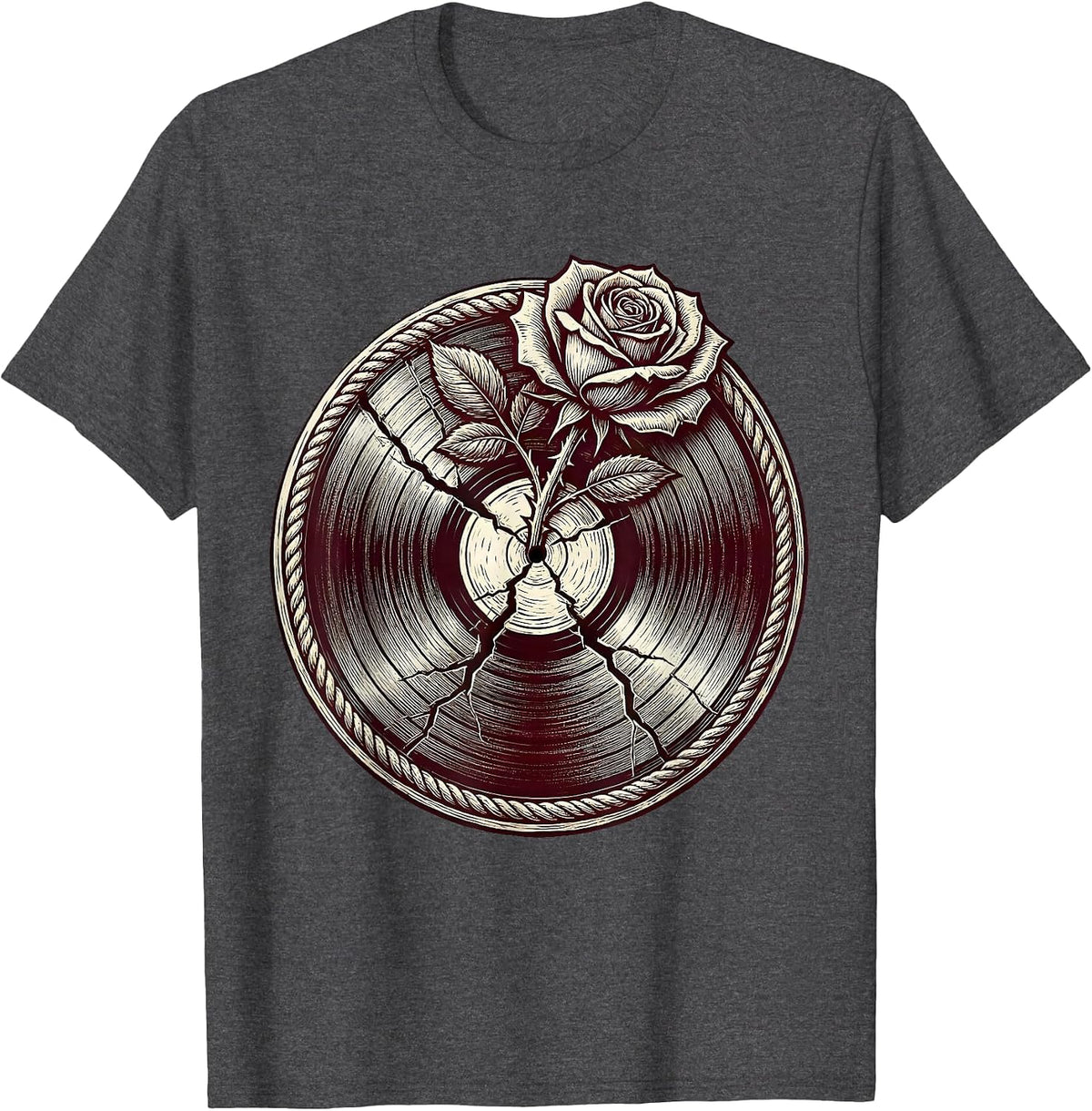 Rose Through Cracked Vinyl Record Rock Art T-Shirt - Dark Heather Grey