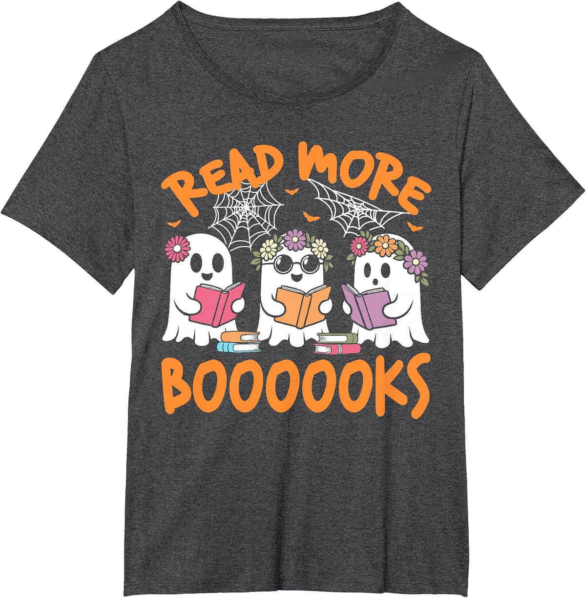 Cute Ghost Book Read More Books Funny Teachers Halloween T-Shirt - Dark Heather Grey
