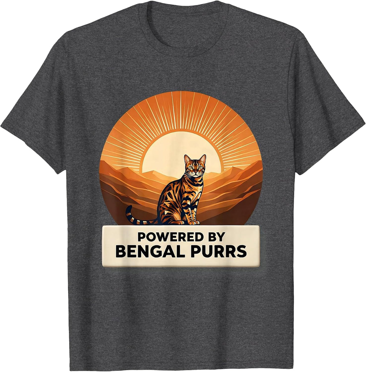 Powered by Bengal Purrs Cat Lover Design T-Shirt - Dark Heather Grey