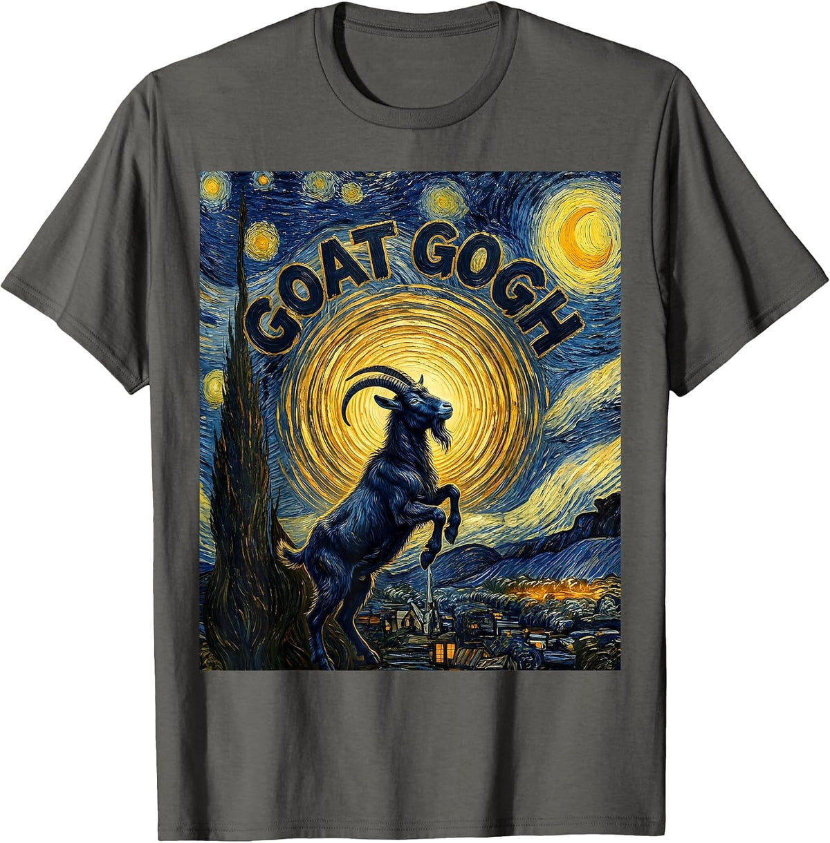 Goat Gogh Post-Impressionist Night Field Pet Lover Humor T-Shirt - Asphalt Grey