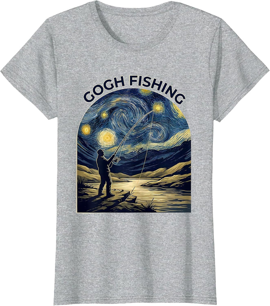 Gogh Fishing Whimsical Parody Art Lover Gift T-Shirt - Heather Grey