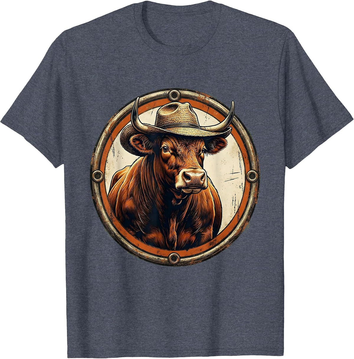 Proud Bull Farmer Hat Graphic Tee T-Shirt - Heather Blue
