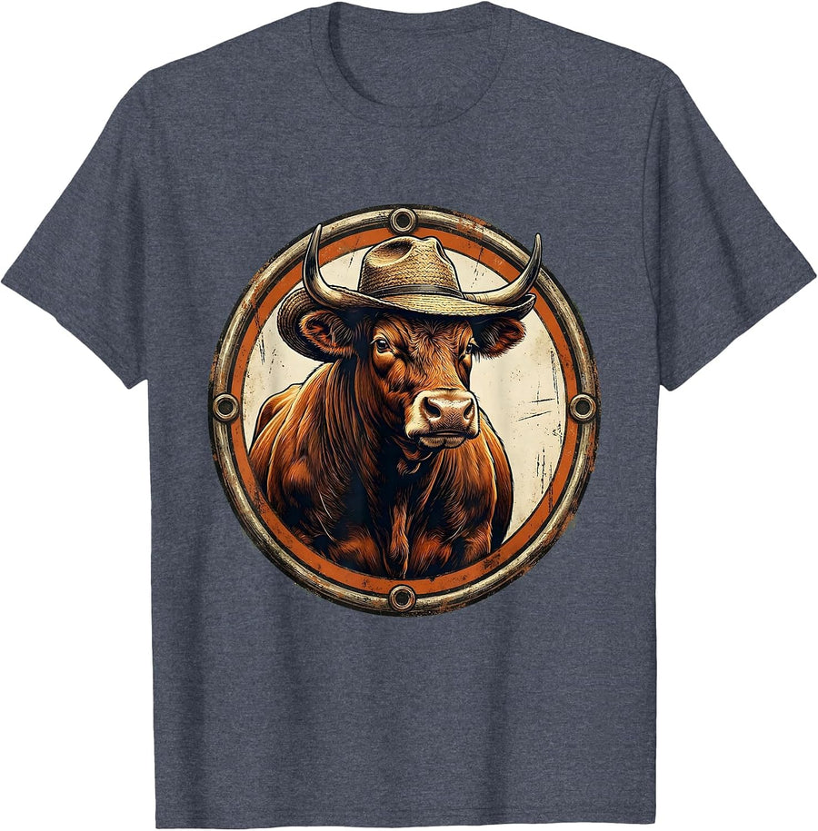 Proud Bull Farmer Hat Graphic Tee T-Shirt - Heather Blue