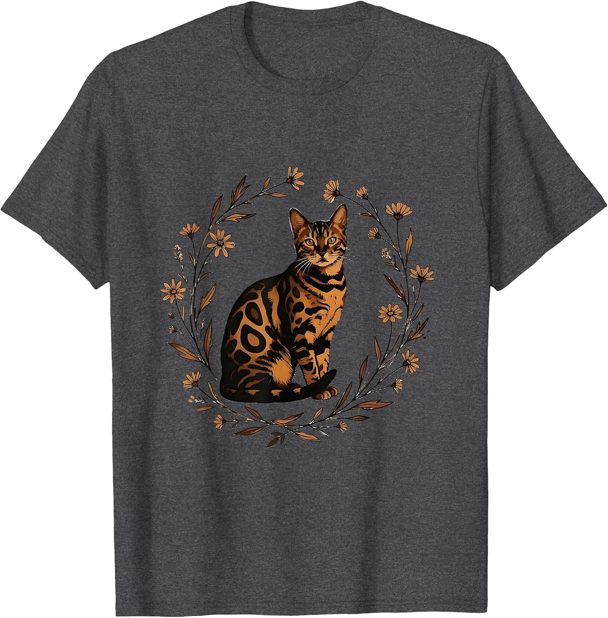 Bengal Cat Wildflower Botanical Illustration T-Shirt - Dark Heather Grey