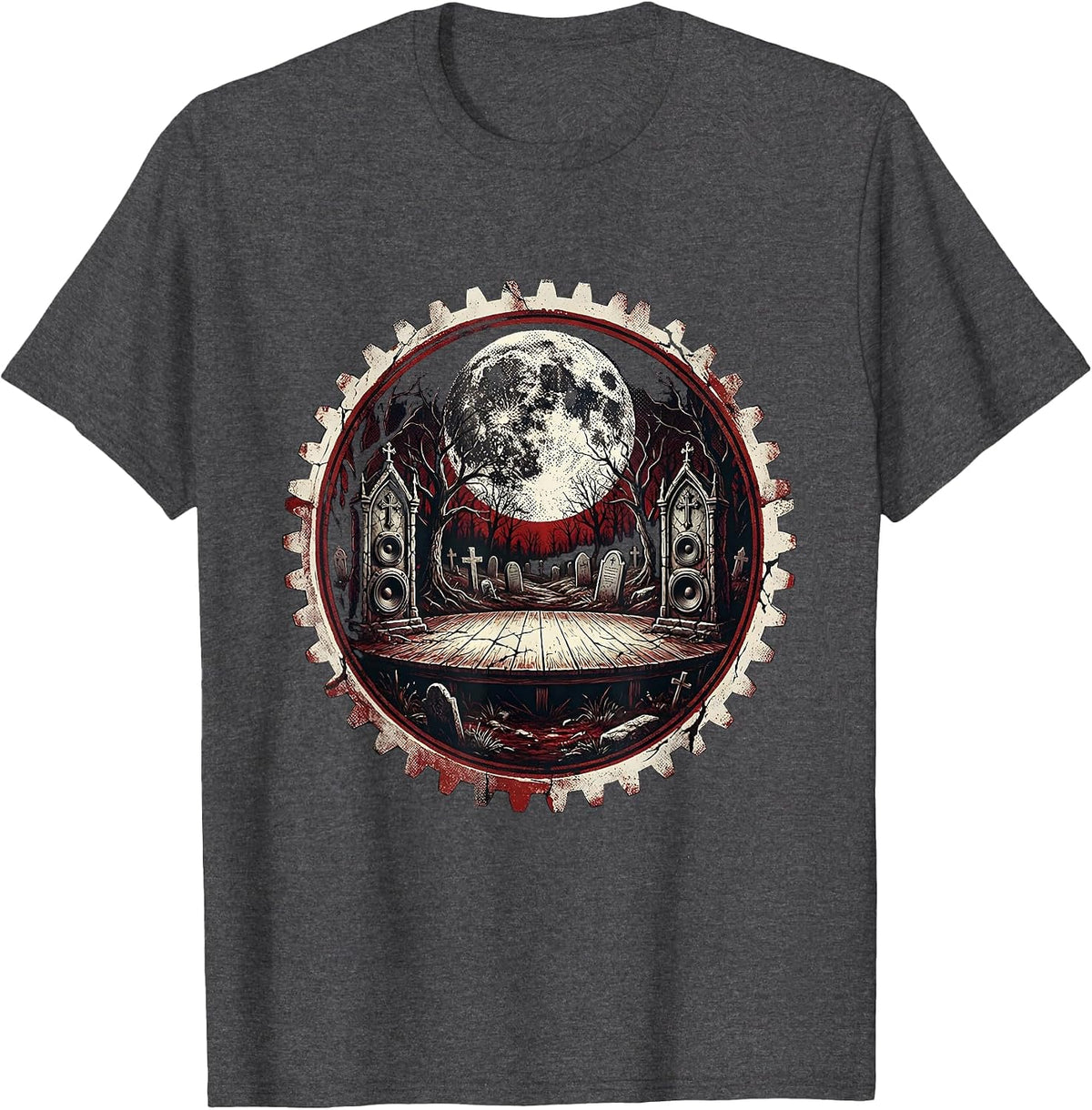 Punk Band Cemetery Stage Tombstone Speakers Art T-Shirt - Dark Heather Grey