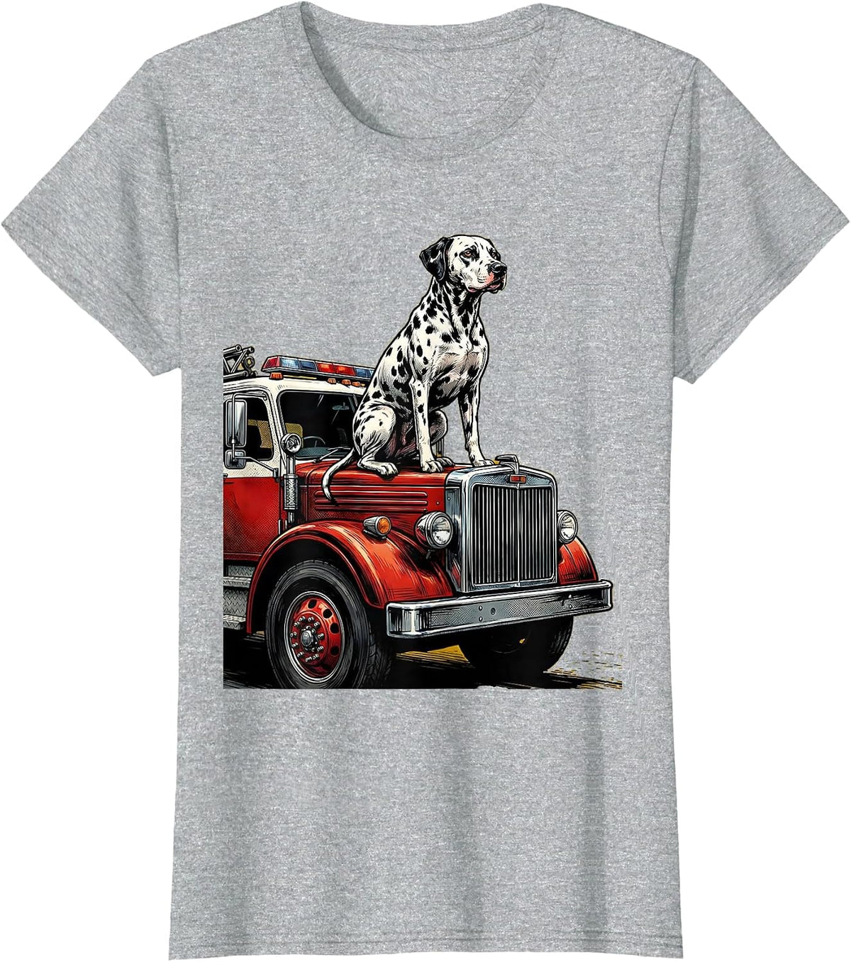 Firefighter Dalmatian Dog on Fire Truck Graphic T-Shirt - Heather Grey