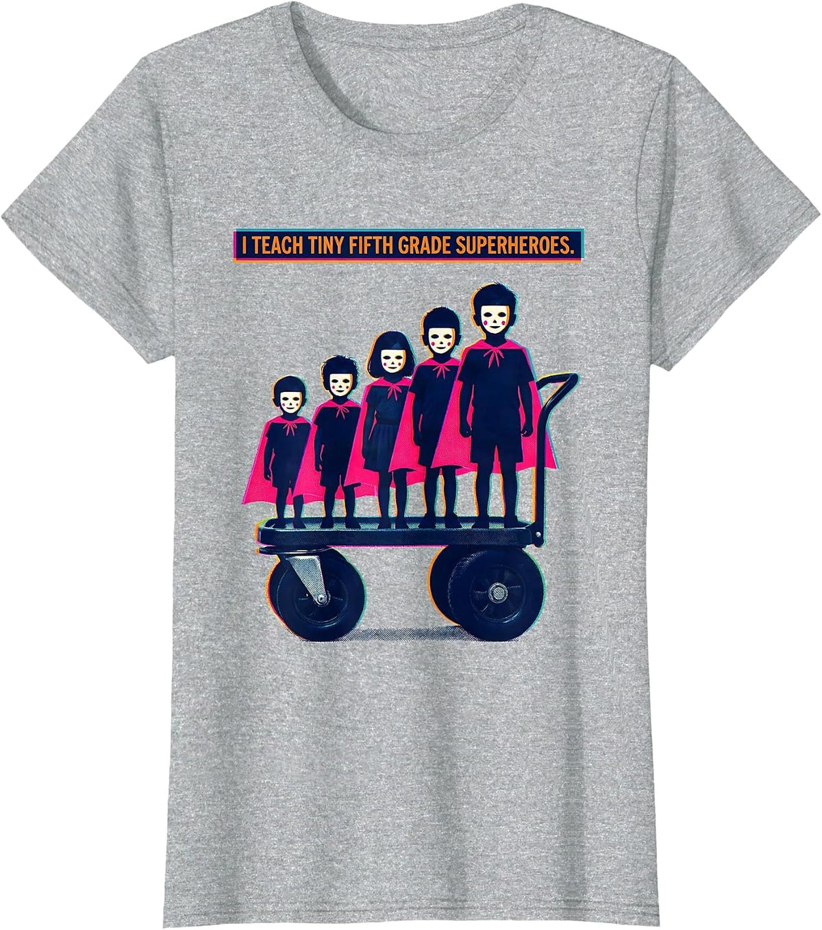 I Teach Tiny Fifth Grade Superheroes Funny Teacher Back T-Shirt - Heather Grey