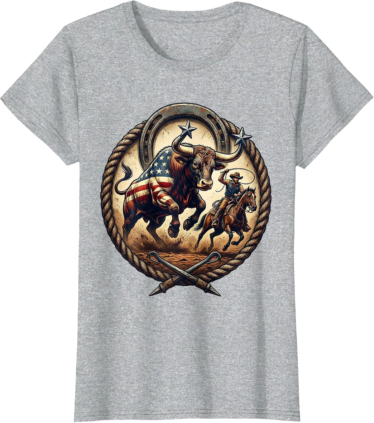 Bull Riding Rodeo Cowboy Graphic Tee T-Shirt - Heather Grey