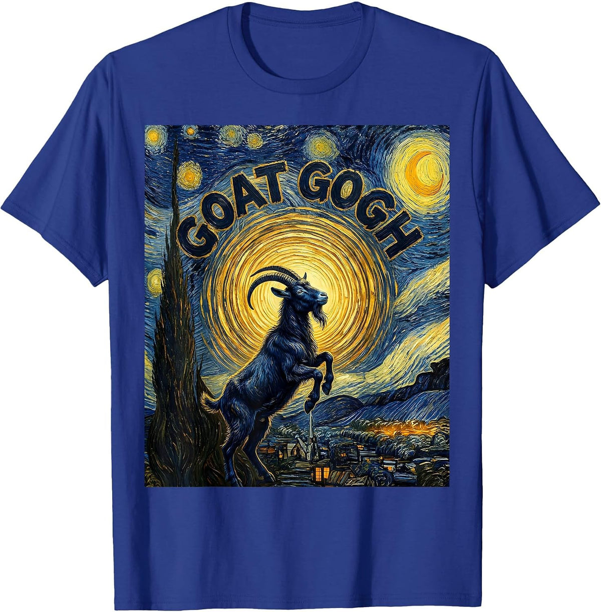 Goat Gogh Post-Impressionist Night Field Pet Lover Humor T-Shirt - Royal Blue