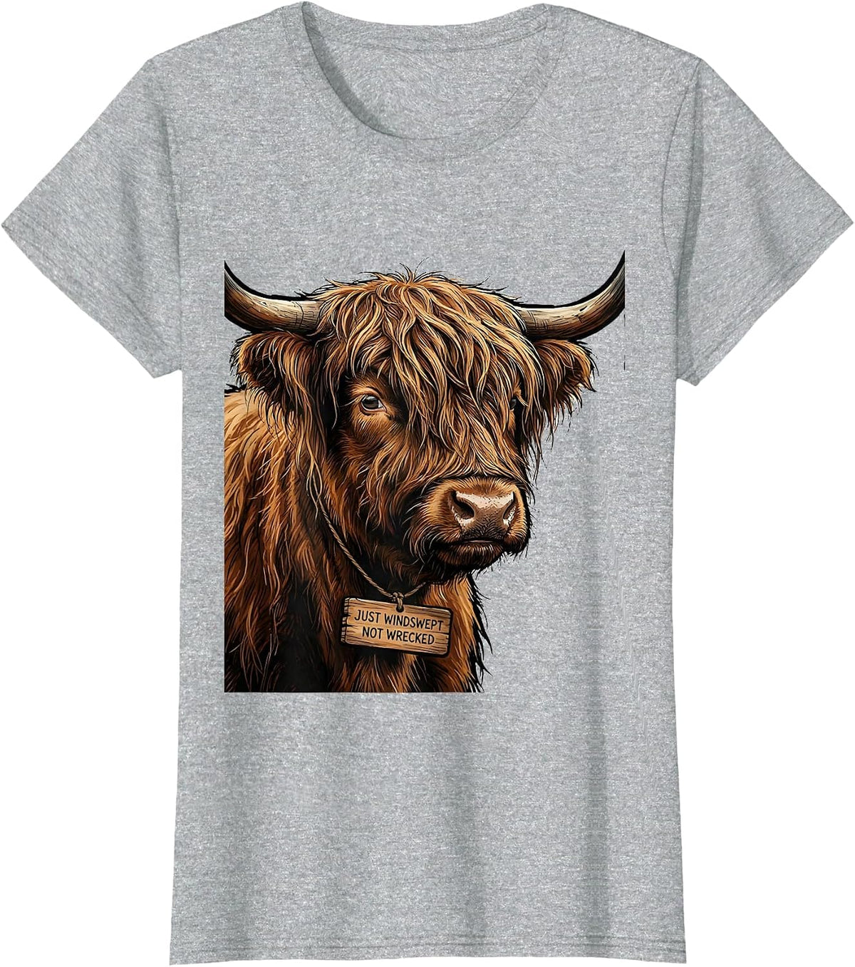Just Windswept, Not Wrecked Funny Highland Cow Cute Scottish T-Shirt - Heather Grey