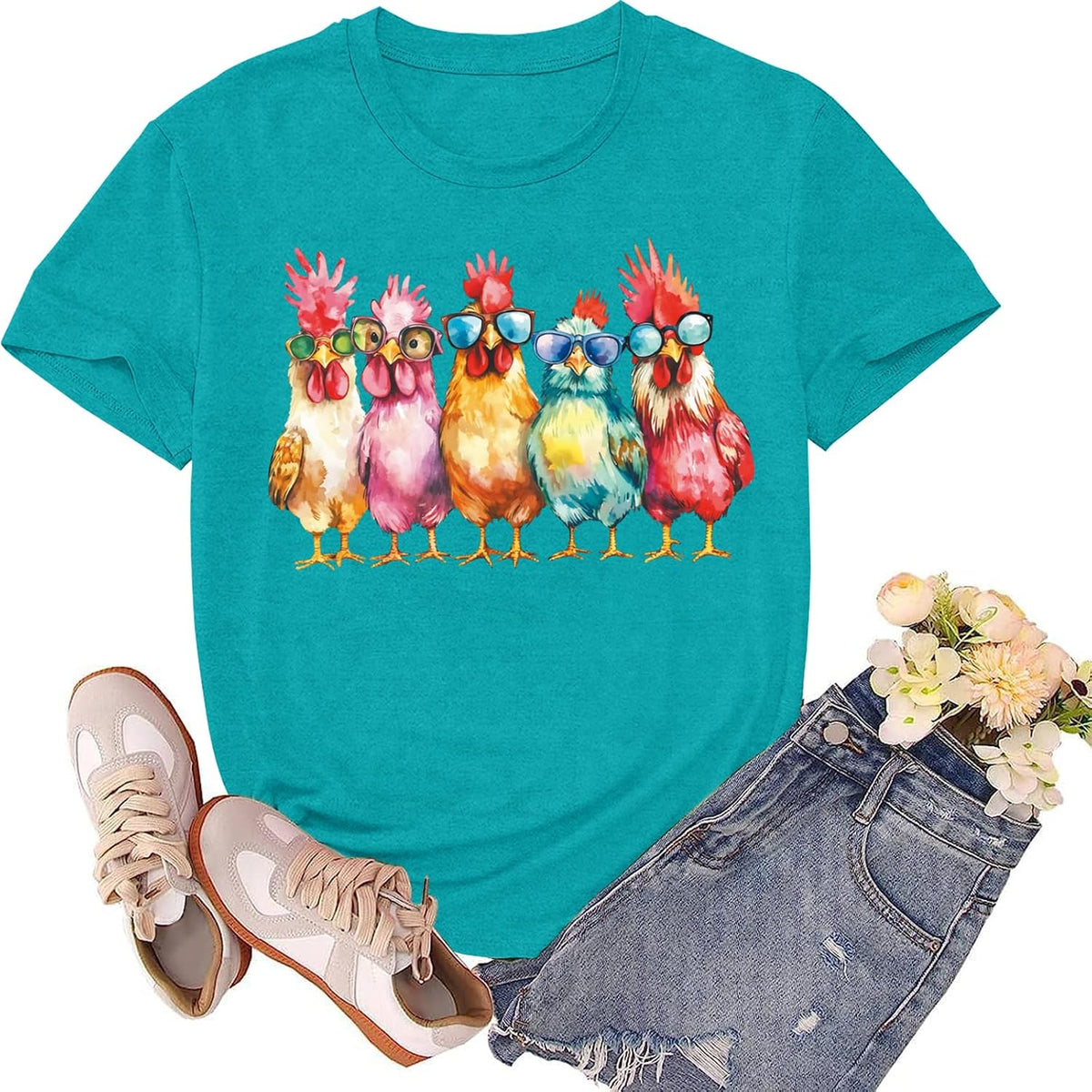 Chicken Shirt for Women Chicken Mom Tshirt Country Life Shirts Farm Girl Tee Tops - Cyan