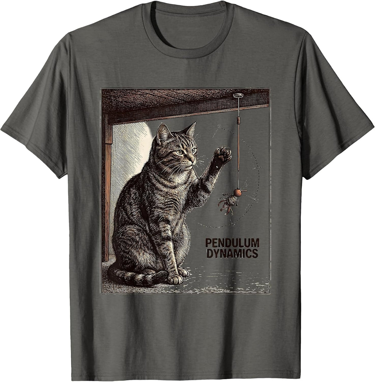 Men's Pendulum Dynamics Funny Cat Physics Humor Science Teacher T-Shirt - Asphalt Grey