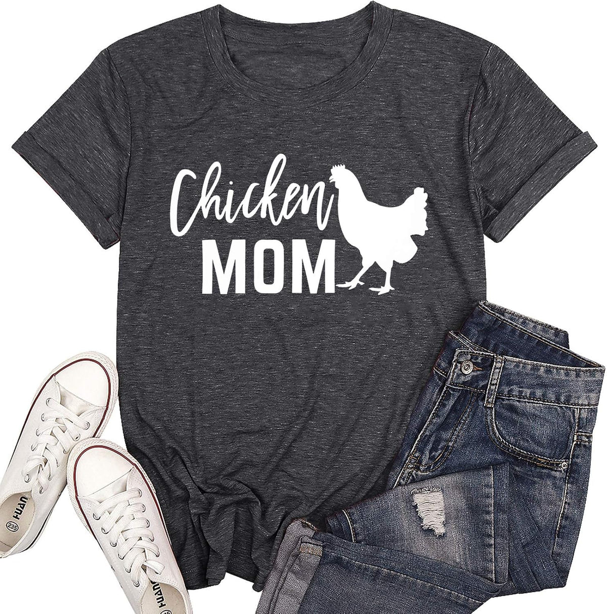 Chicken Mom T-Shirt Women Funny Hen Chiken Farm Humor Graphic Mother Shirt Cute Short Sleeve Tops - Grey