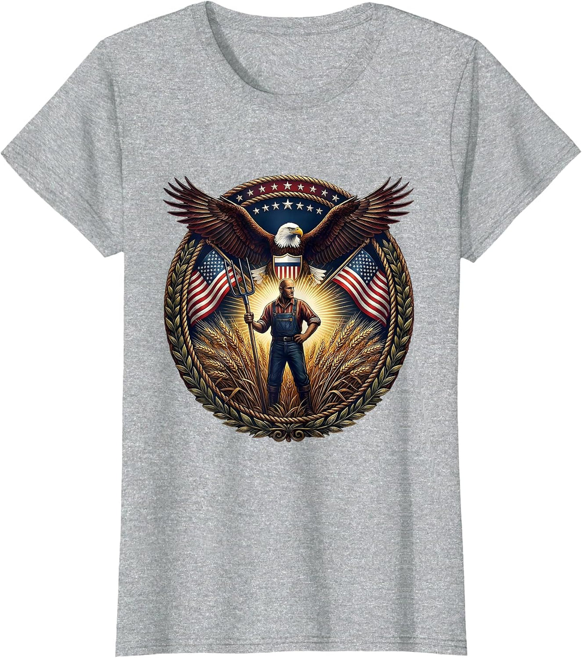 Women's Farmer Pitchfork Wheat Field Harvest Illustration T-Shirt - Heather Grey