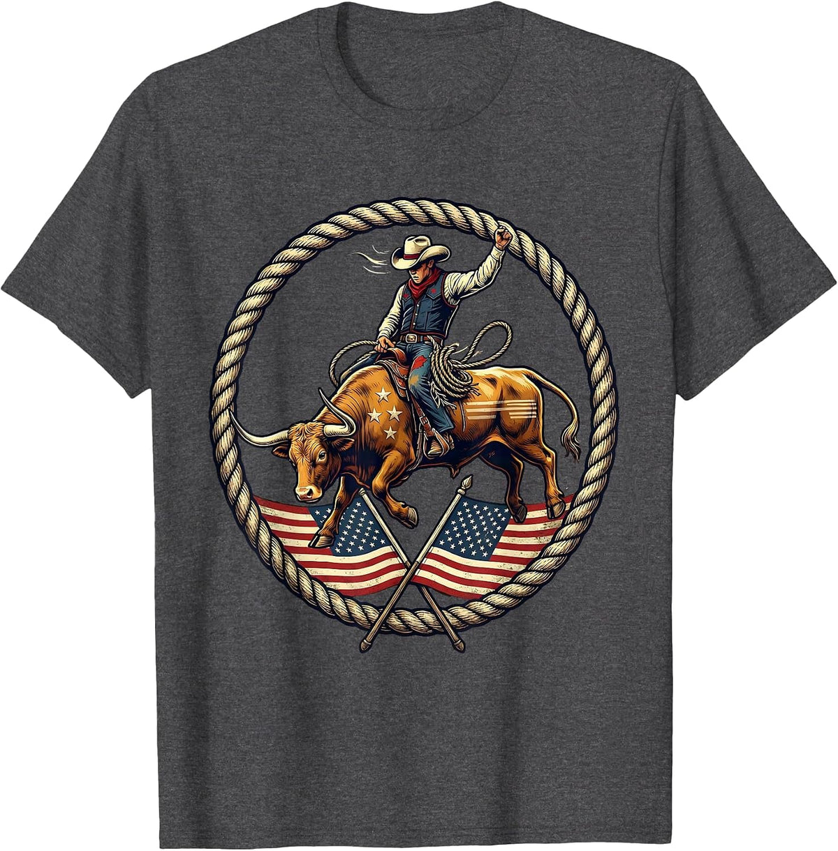 Men's Bull Rider Gripping Rope Mid-Buck Western Graphic T-Shirt - Dark Heather Grey