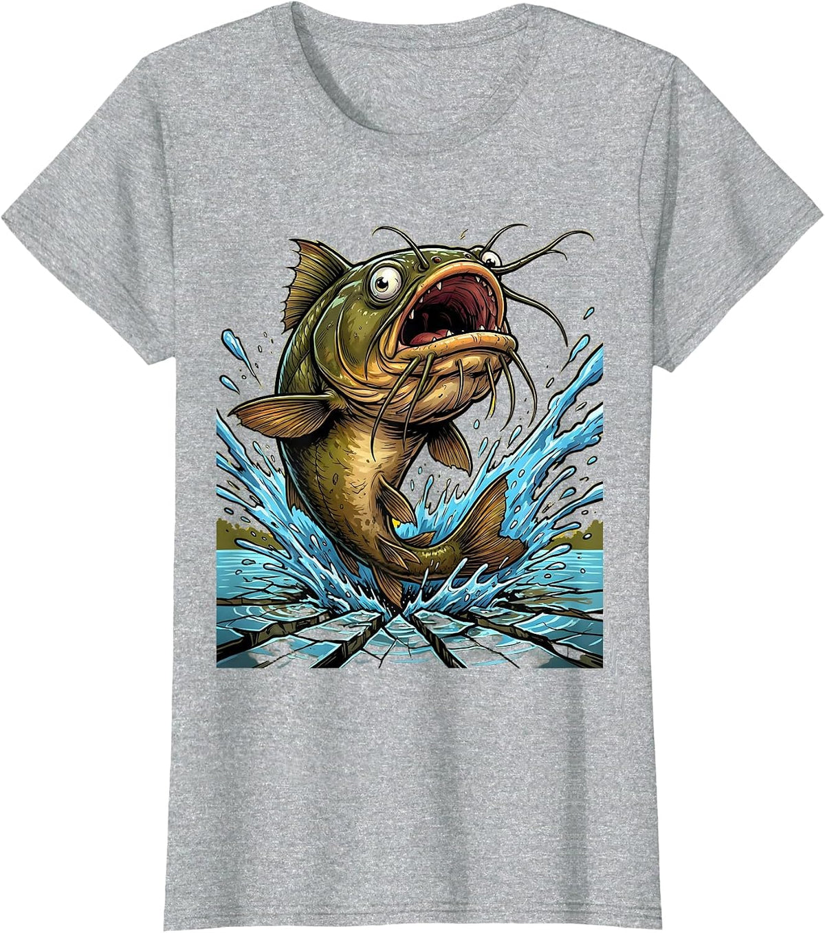 Gigantic Catfish Bursting Through Lake Surface T-Shirt - Heather Grey