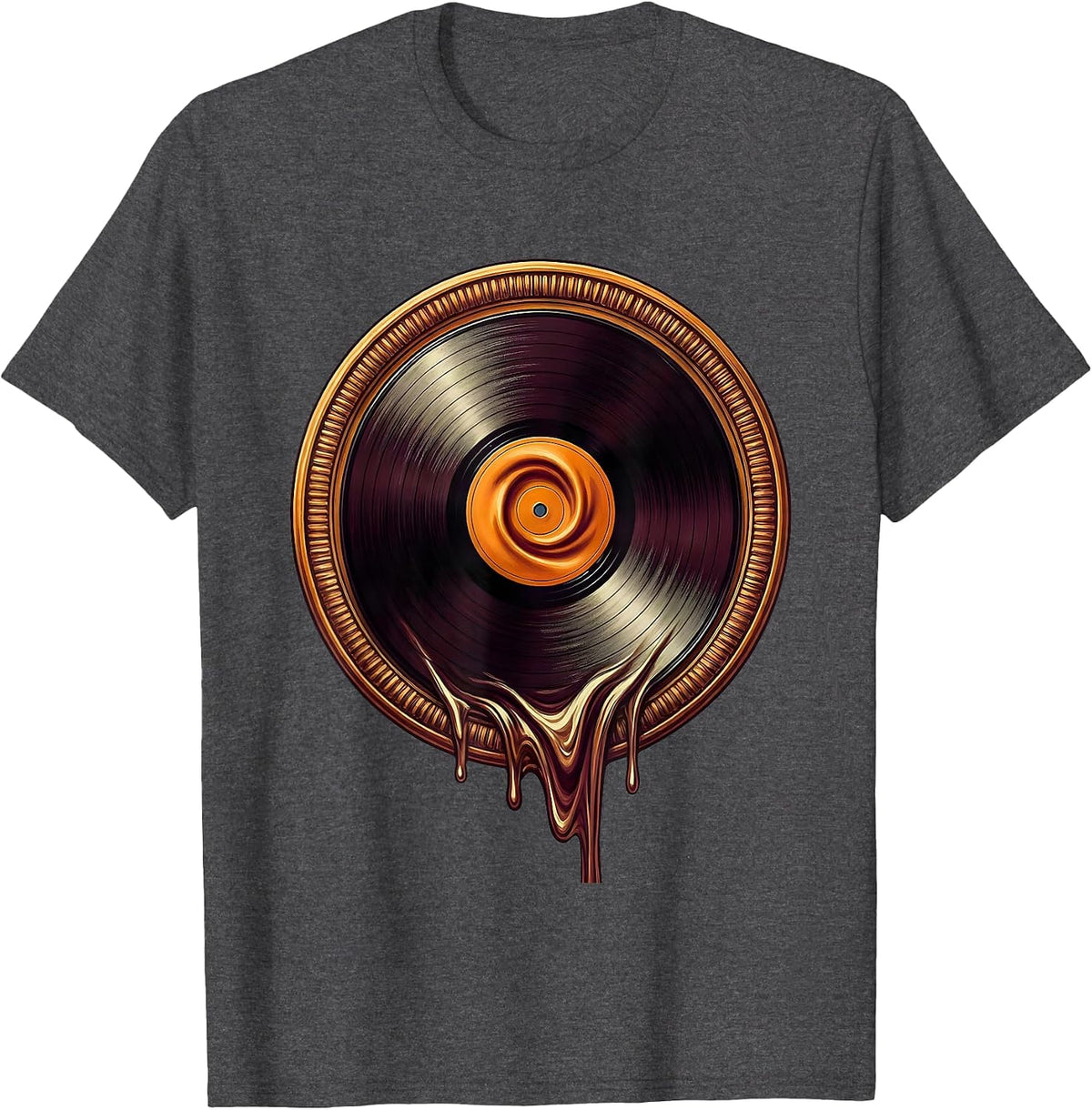 Men's Melting Vinyl Record Surrealist Rock Art T-Shirt - Dark Heather Grey