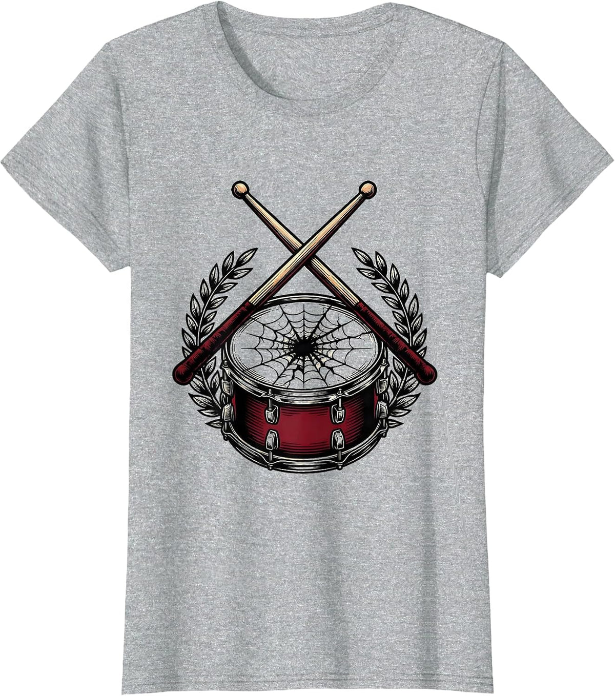 Women's Crossed Drumsticks Cracked Snare Drum Illustration T-Shirt - Heather Grey