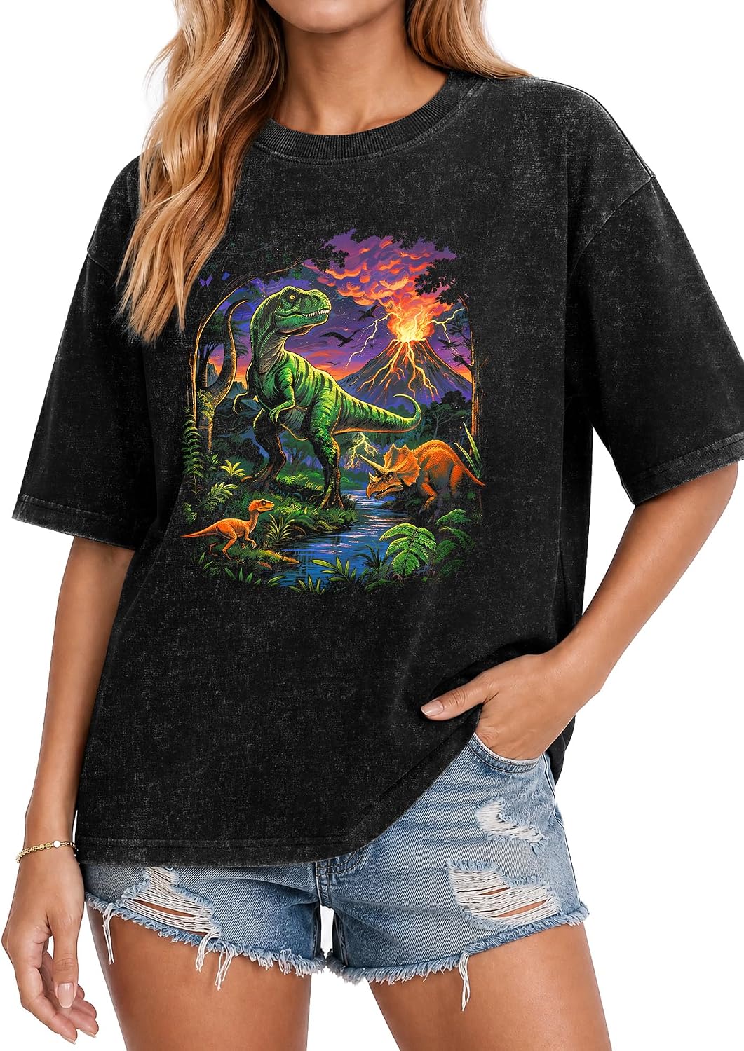 Women Dinosaur Shirt Retro Wolf Graphic T-Shirt Vintage Tee - Black-01