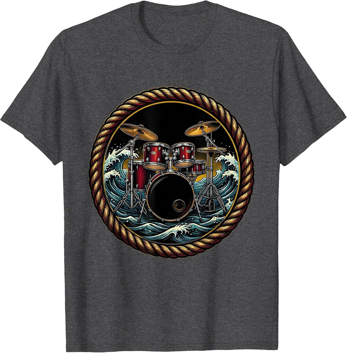 Drum Kit Crashing Waves Classic Rock Illustration T-Shirt - Dark Heather Grey
