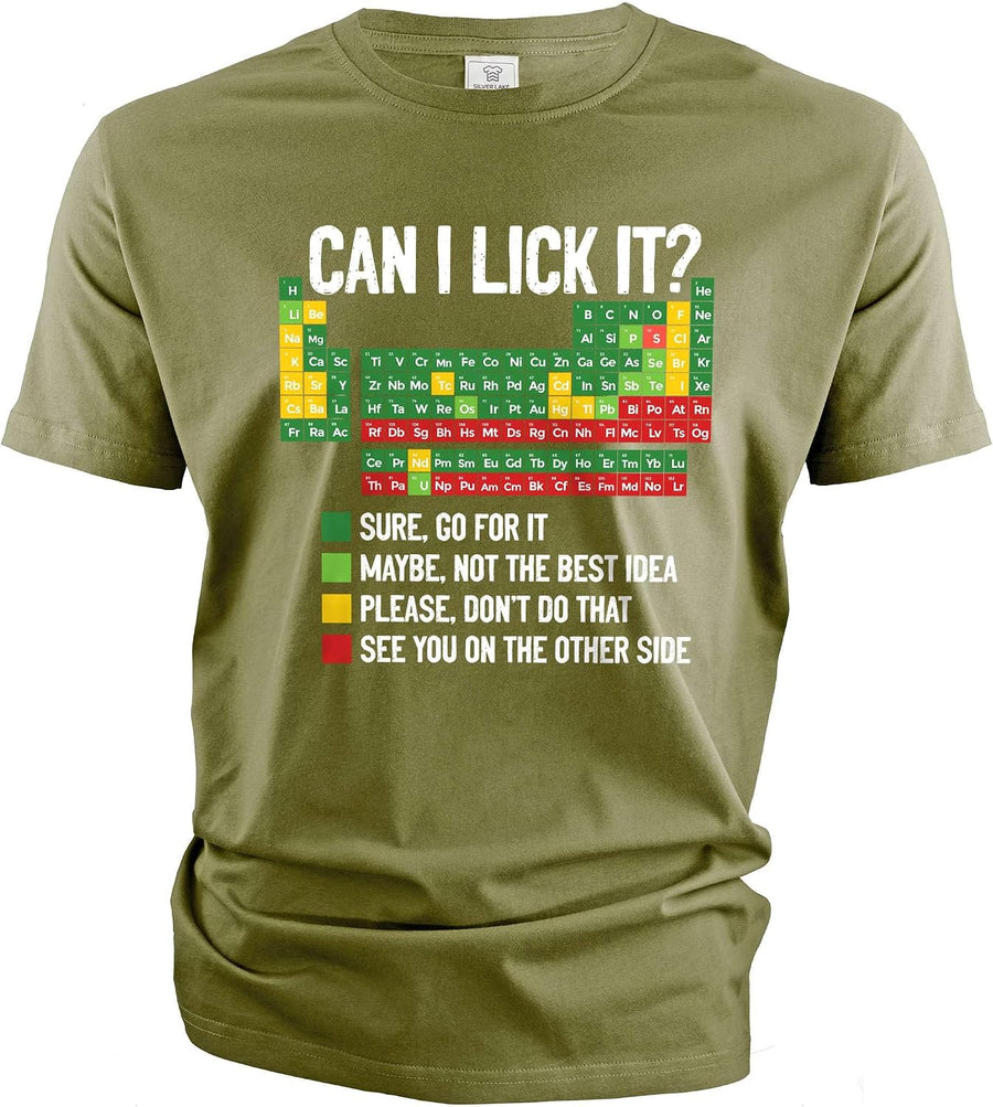 Men's Funny Periodic Table Chemical Elements Guide T-Shirt can I Lick it Guide Funny Chemistry tee - Military Green