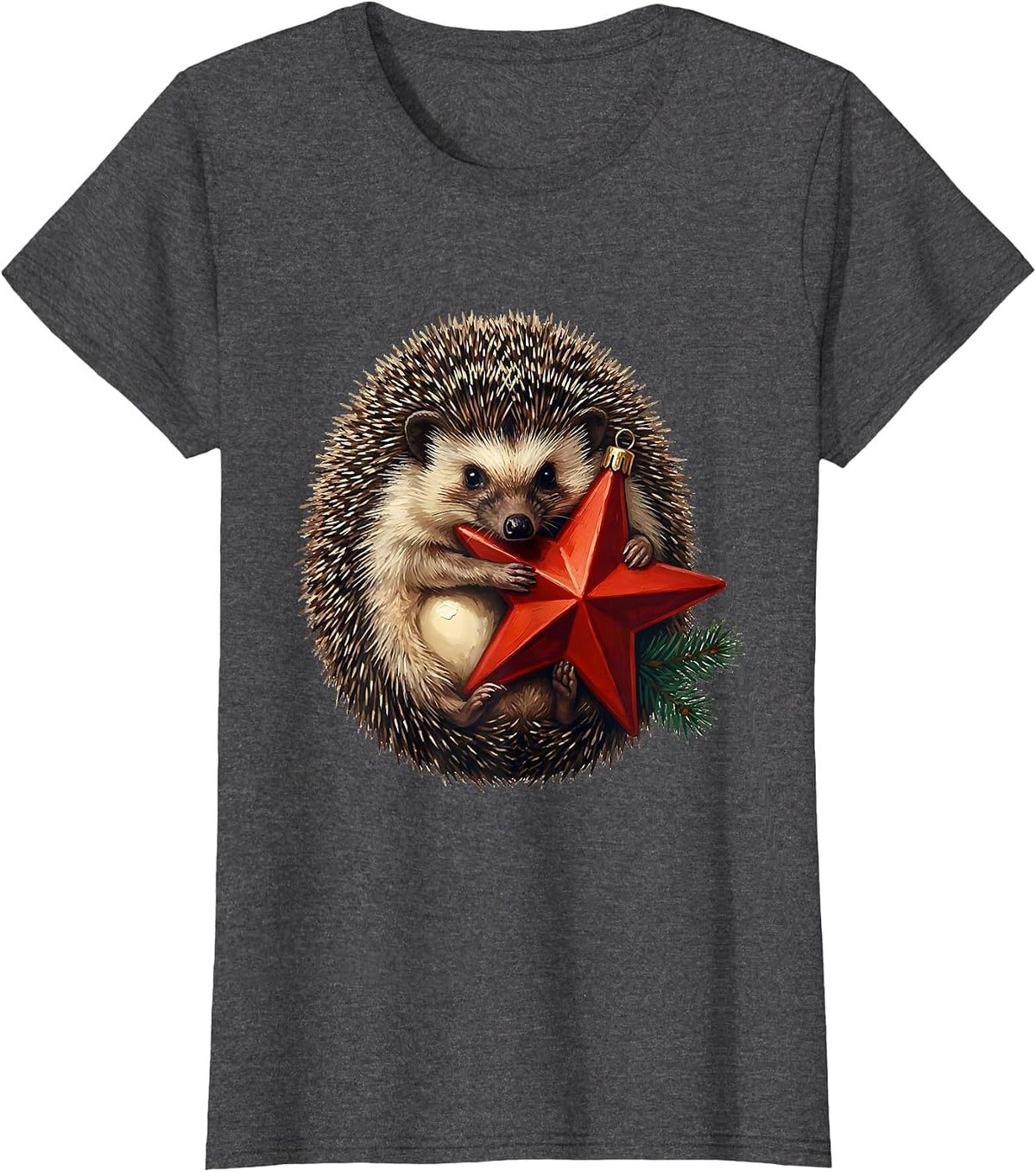 Women's Rounded Hedgehog Hugging Star Cute Christmas Animal Lover T-Shirt - Dark Heather Grey
