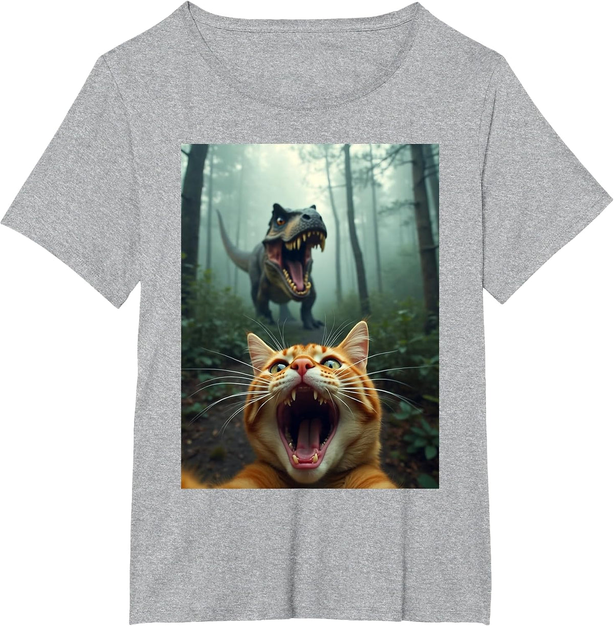 Cat Selfie with T-Rex Dinosaur T-Shirt - Heather Grey