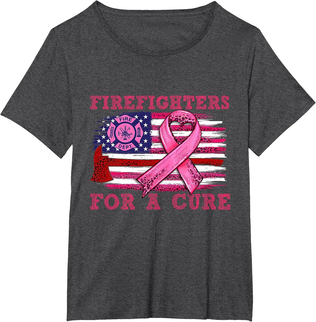 Breast Cancer Awareness Firefighter for a Cure American Flag T-Shirt - Dark Heather Grey