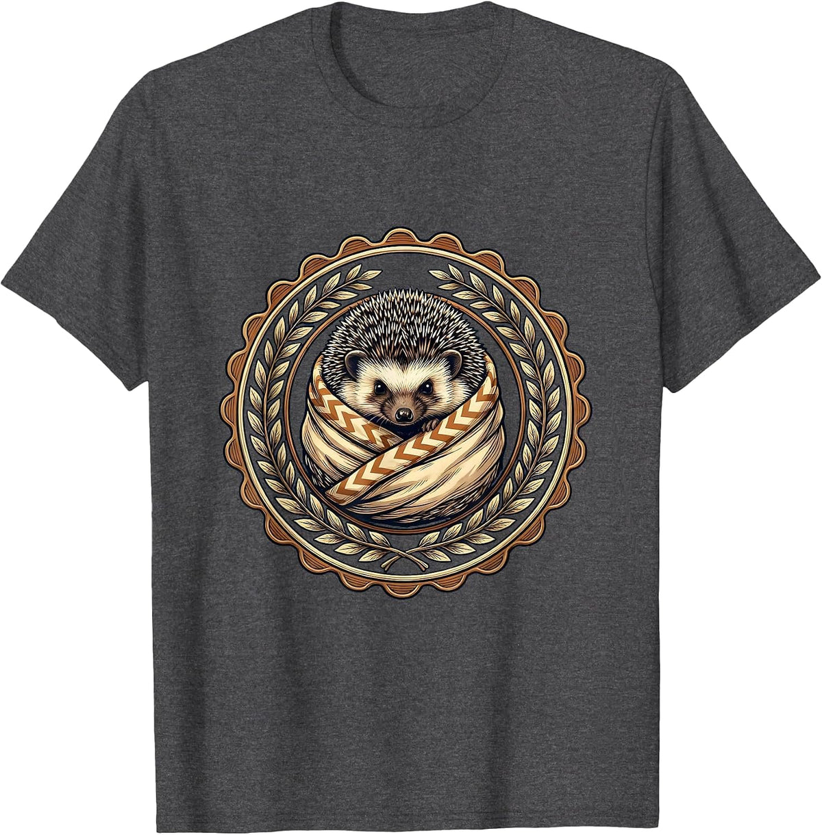 Cozy Hedgehog Wrapped in Blanket Illustration T-Shirt - Dark Heather Grey