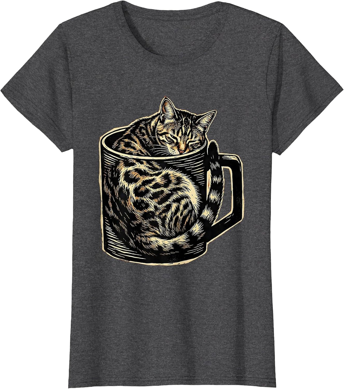 Women's Bengal Cat Curled in Coffee Mug Cute Cozy Design T-Shirt - Dark Heather Grey