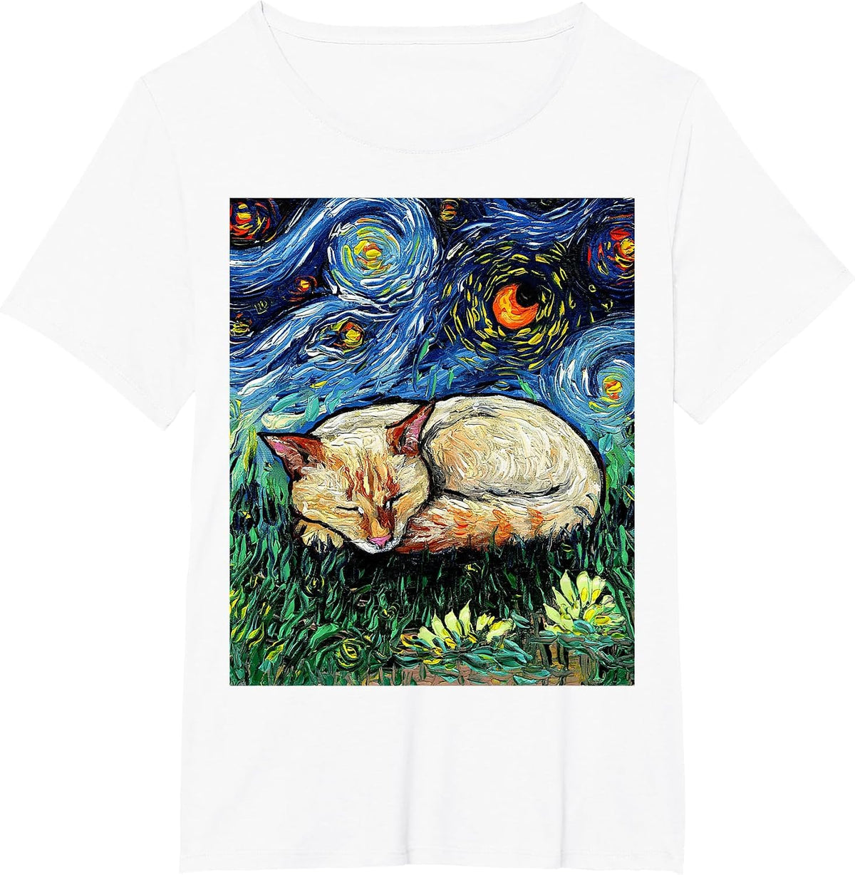 Sleeping Flame Point Siamese Cat Starry Night Artwork T-Shirt - White