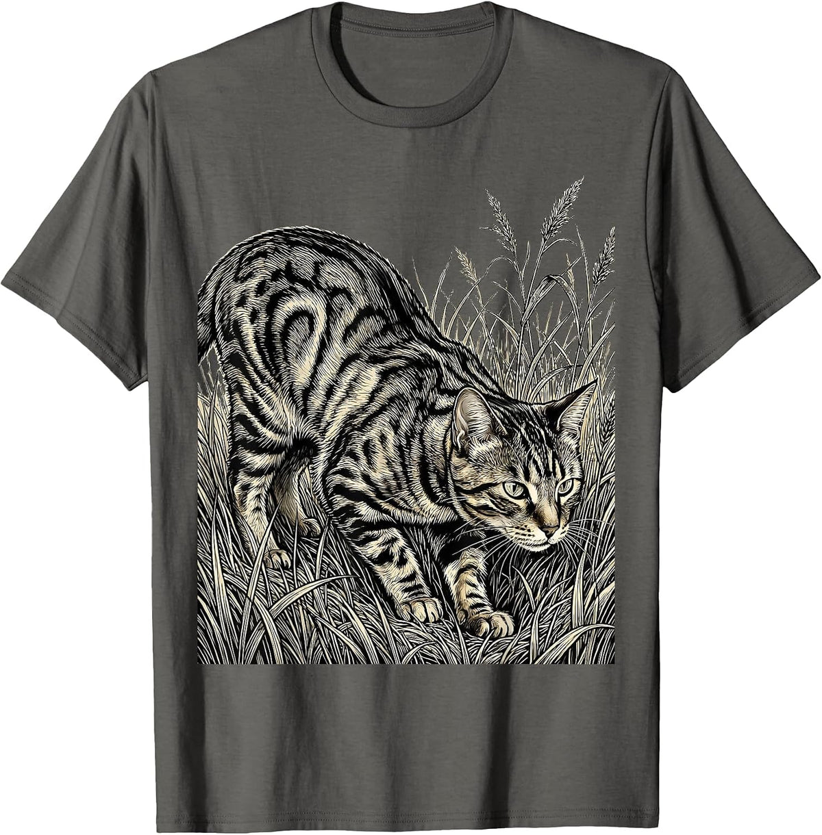 Men's Bengal Cat Stalking Through Tall Grass Illustration T-Shirt - Asphalt Grey