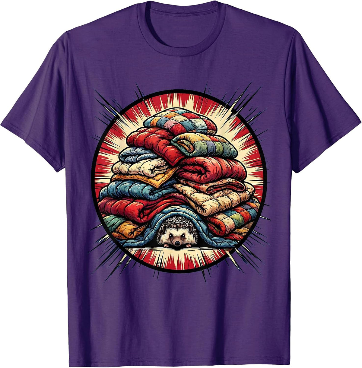 Men's Cozy Hedgehog Hiding Under Blanket Pile T-Shirt - Purple