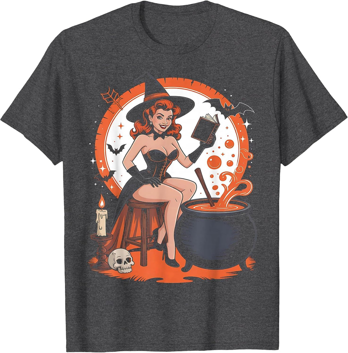 Halloween Witch Pin Up Vintage Halloween Retro T-Shirt - Dark Heather Grey