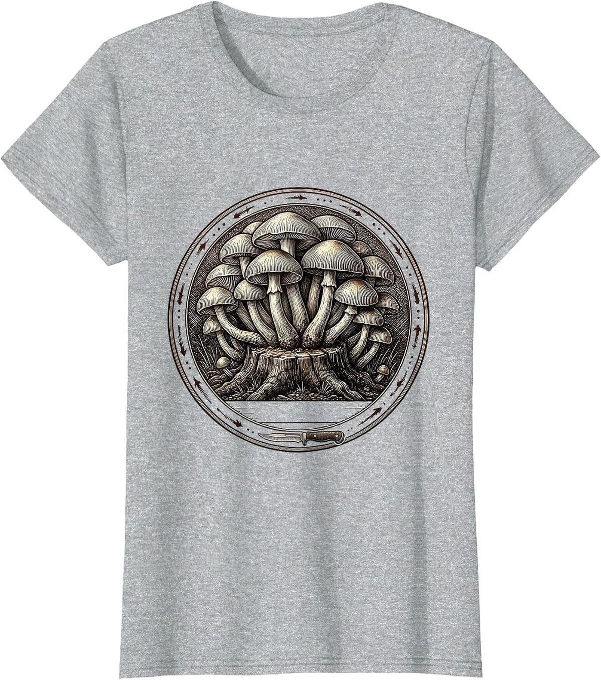 Honey Mushroom Colony Crosshatch Etching Forager Humor T-Shirt - Heather Grey