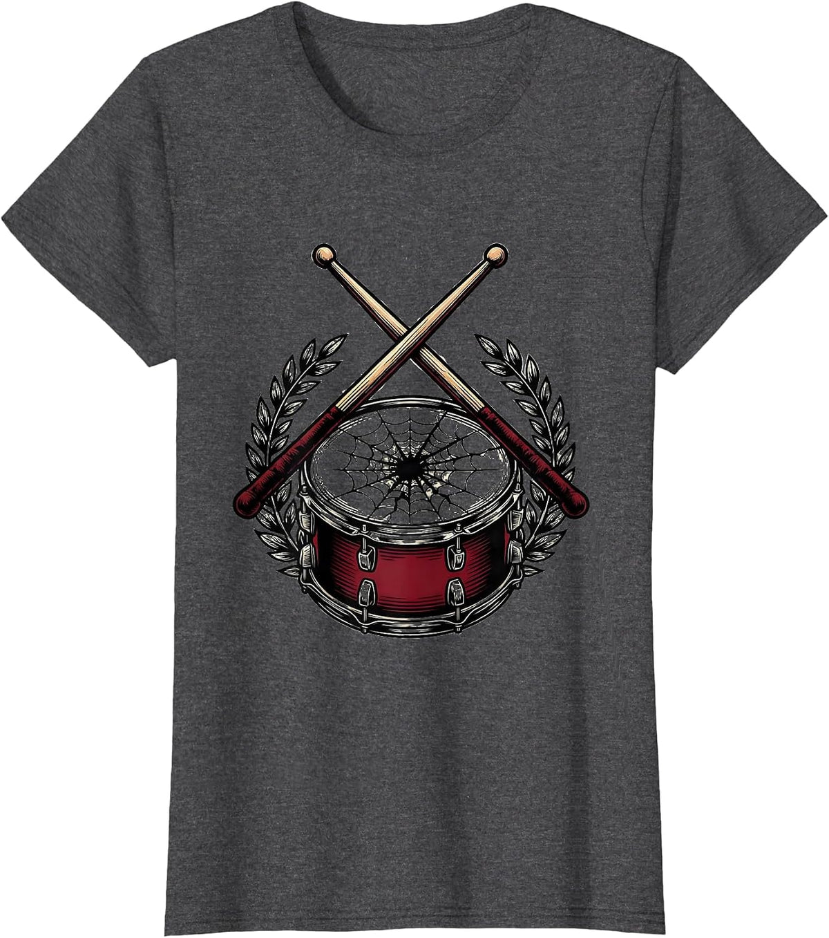 Women's Crossed Drumsticks Cracked Snare Drum Illustration T-Shirt - Dark Heather Grey
