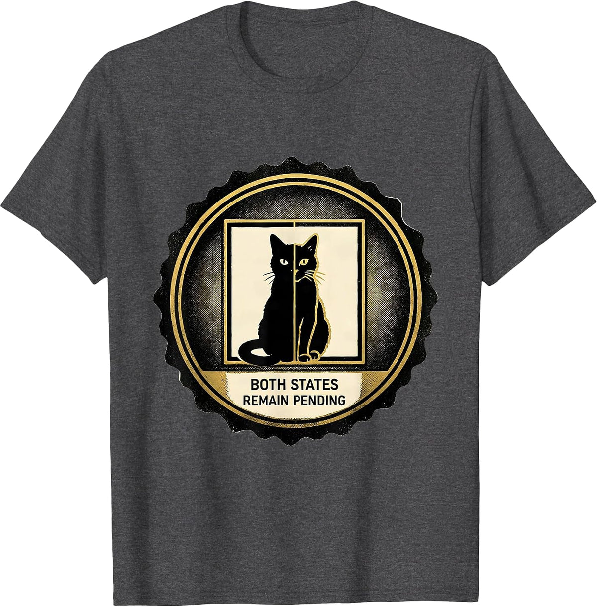 Both States Remain Pending Quantum Physics Humor Science Cat T-Shirt - Dark Heather Grey