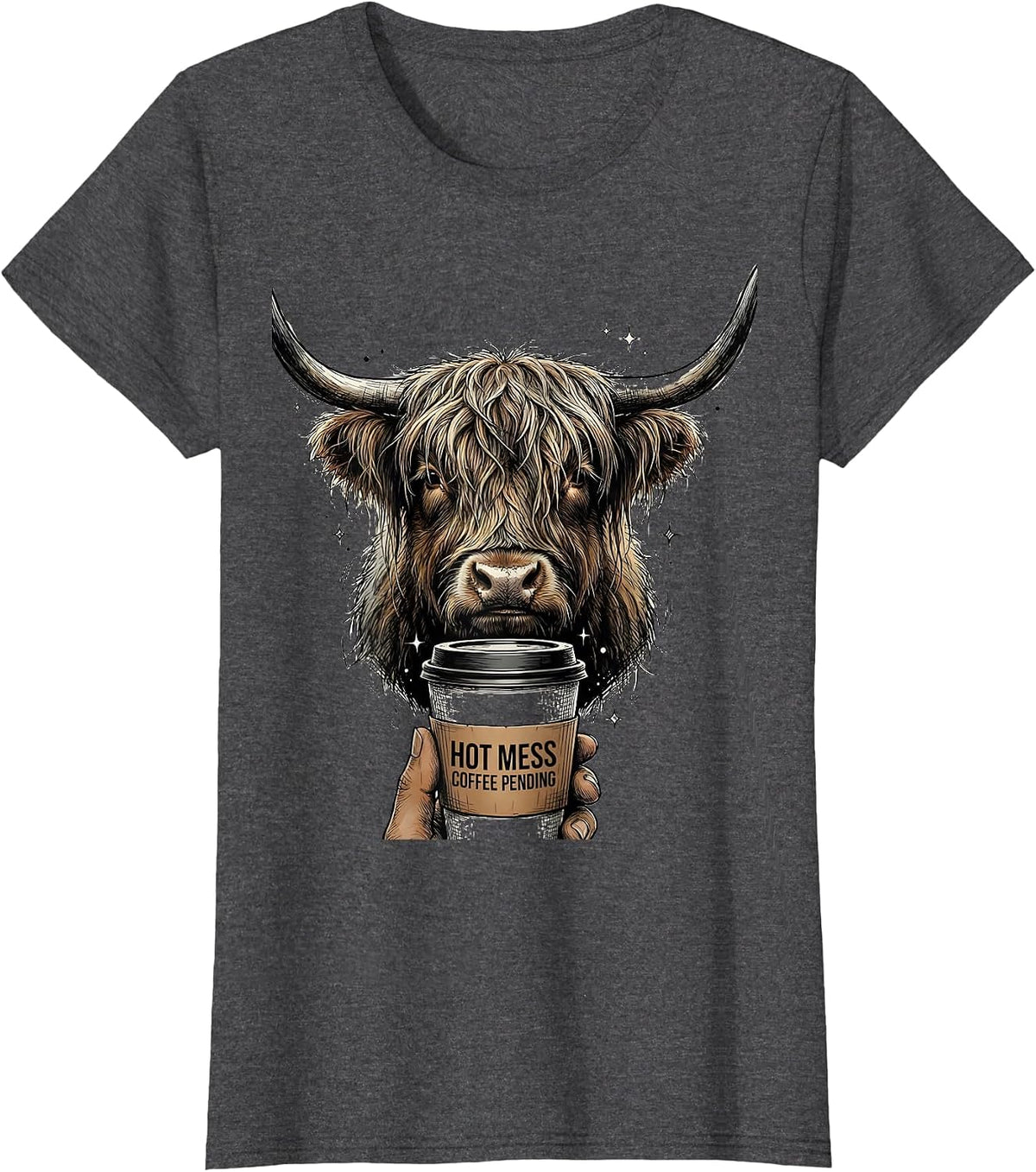 Women's Hot Mess Coffee Pending Highland Cow Funny Coffee Lover T-Shirt - Dark Heather Grey