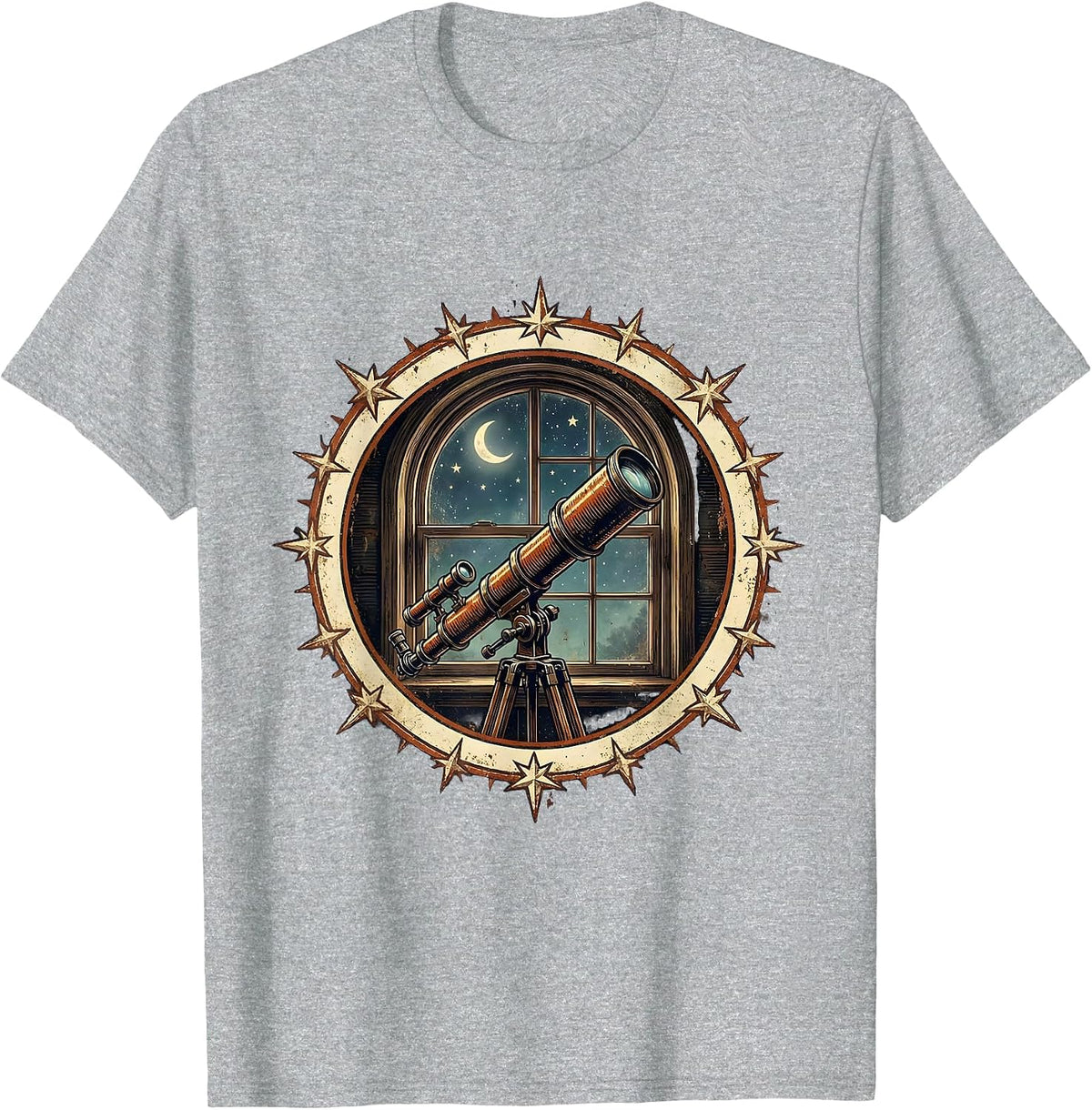 Men's College Dorm Room Telescope Stargazing Illustration T-Shirt - Heather Grey